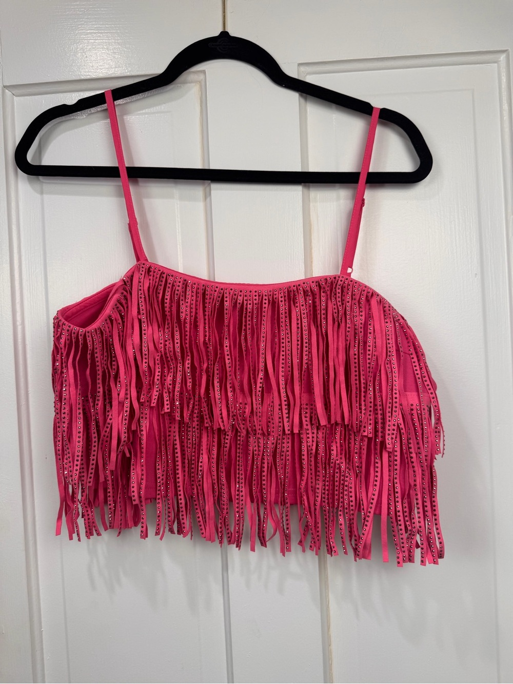 Women’s Pink Fringe Crop Top - Strappy Summer Style